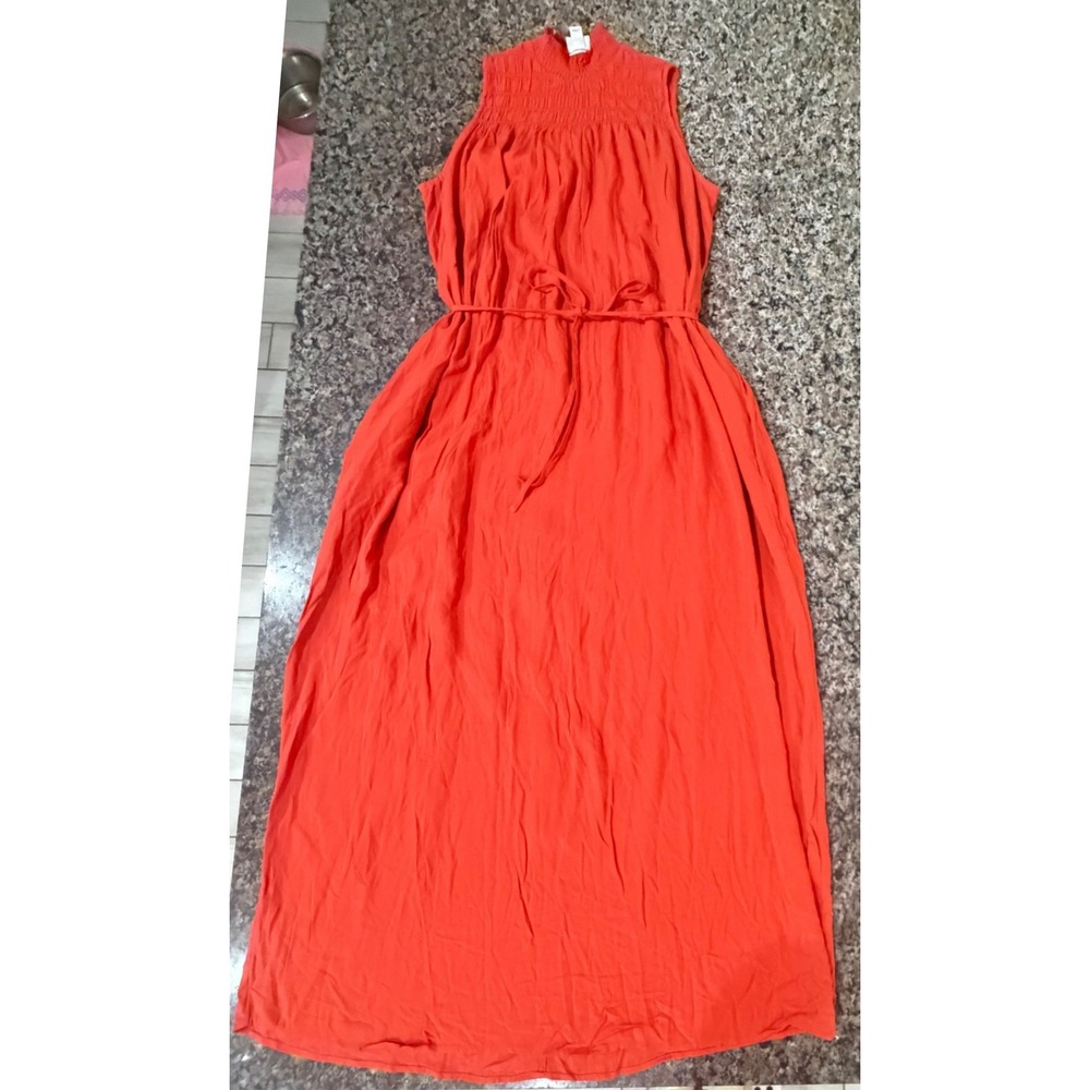 A New Day Womens Orange Smocked High Neck Maxi Dress Sleeveless XS RN17730